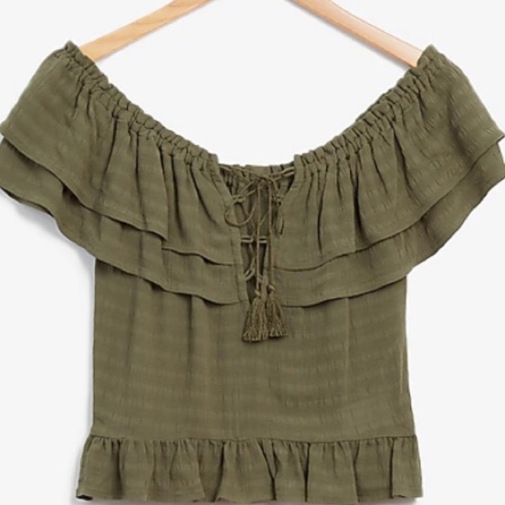 Olive Off-Shoulder Express Ruffle Shirt - Lace Up